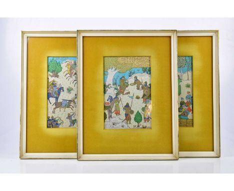 Three Eastern (probably Indian) hand painted fabric panels depicting figures and battle scenes, each approx. 25.5 x 16.5cm, f