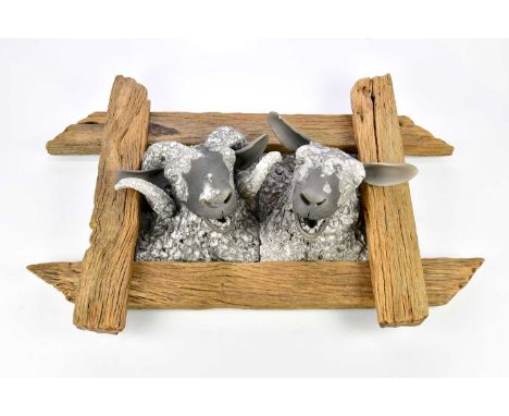 † GARY JONES; a contemporary ceramic wall plaque mounted within a wooden frame, 'Ewe and Me', overall 51 x 78cm.  Condition R