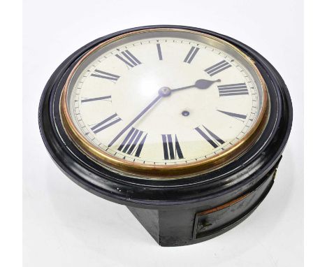 A Victorian ebonised circular school clock with white enamel dial set with Roman numerals, diameter 34cm.