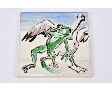 † PAULA REGO (born 1935) a signed limited edition ceramic tile, 'Bird Chasing Frog' numbered 19/50, presented in original car