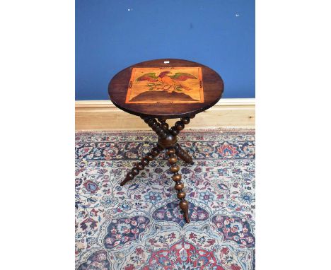 A 19th century mahogany circular tripod table on bobbin turned legs, with painted bird design to the top, diameter 52cm, heig