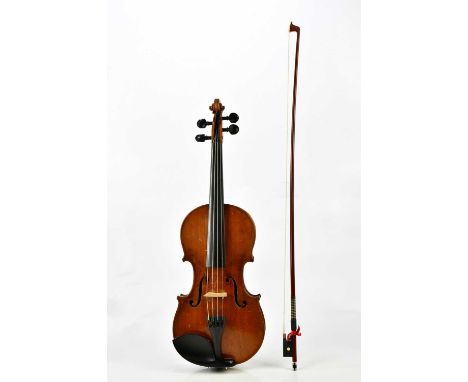 A three-quarter size German violin, Stradivarius copy, the two-piece back 33.4cm, cased with a bow.