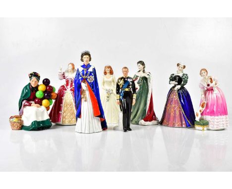ROYAL DOULTON; a collection of eight figures comprising HN3099 'Queen Elizabeth I', HN2878 'We Celebrate the 30th Anniversary