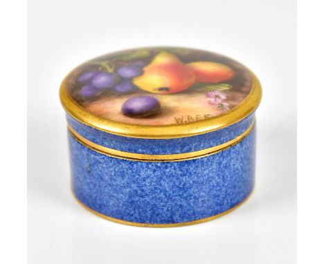 W. BEE FOR ROYAL WORCESTER; a hand painted trinket box and cover, the cover decorated with fruit, the body with a powder blue