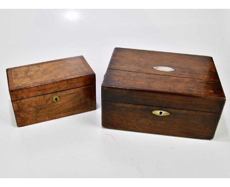A Victorian rosewood work box with mother of pearl cabochon, width 30cm, together with a 19th century tea caddy (2).