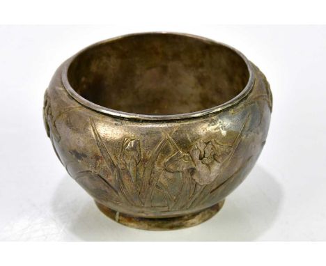 A Chinese silver footed bowl relief bowl with irises, impressed seal mark, diameter 10.5cm, approx weight 6.7ozt/209g.