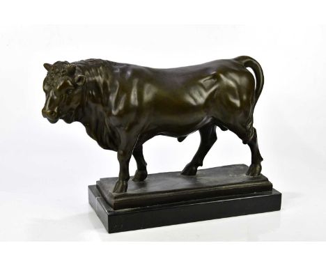 AFTER ANTOINE LOUIS BARYE (1796-1875); a large bronze model of a bull on rectangular marble plinth base, length 50cm, height 