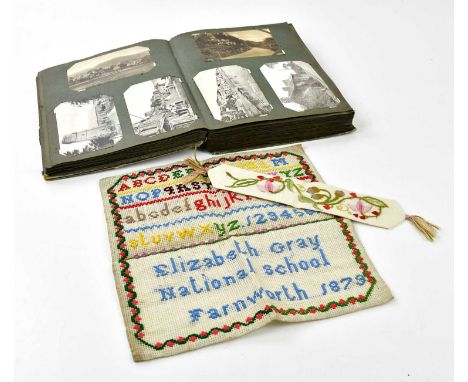 An early 20th century postcard album containing various postcards, classical scenes, Scottish interest, Garr's Wood Park, wit
