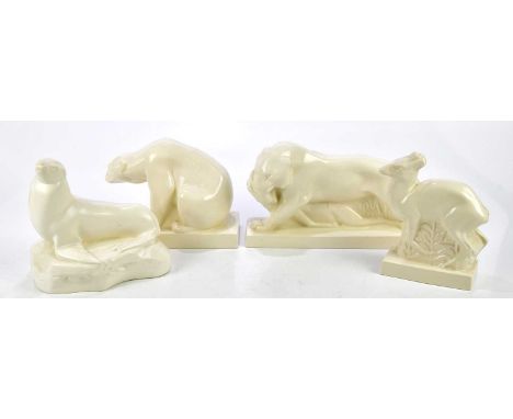 JOHN SKEAPING FOR WEDGWOOD; a straw glazed figure of a tiger and buck, length 33cm, and three further Wedgwood figures after 