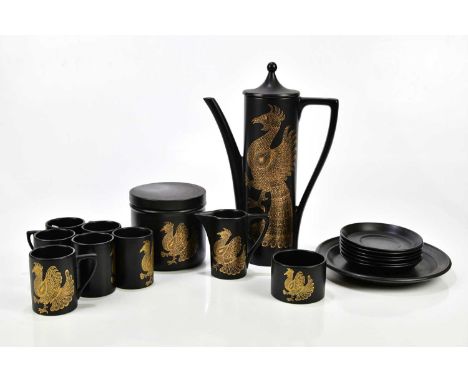 JOHN CUFFLEY FOR PORTMEIRION; a coffee service in the 'Phoenix' pattern, and a matching tea caddy and cover.