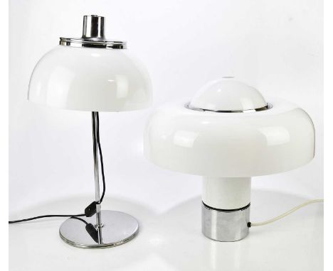 LUIGI MASSONI FOR HARVEY GUZZINI; a 'Brumbury' lamp with white perspex shade and chrome base, height 43cm, also a 'Faro' mush