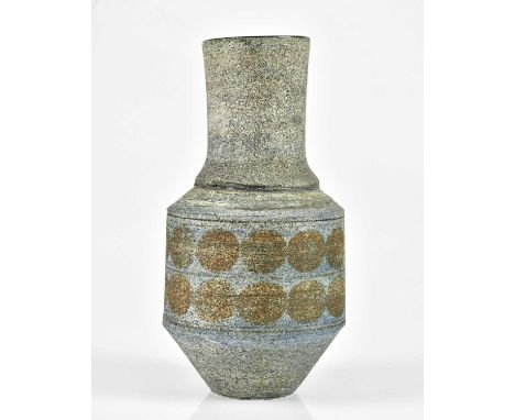 SYLVIA VALLANCE FOR TROIKA POTTERY; an urn vase decorated with two bands of circles, signed Troika, St Ives, England, and wit