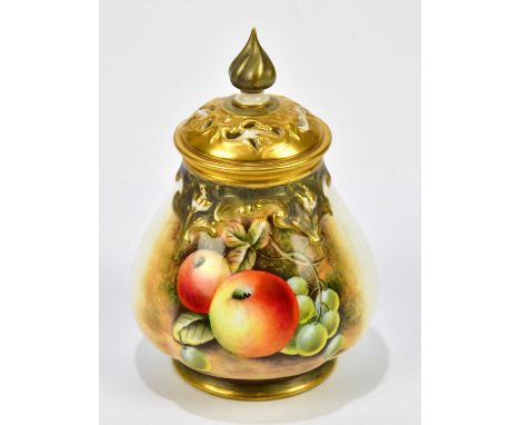 P M PLATT FOR ROYAL WORCESTER; a hand painted potpourri and cover, decorated with fruit, black painted marks and numbered 291