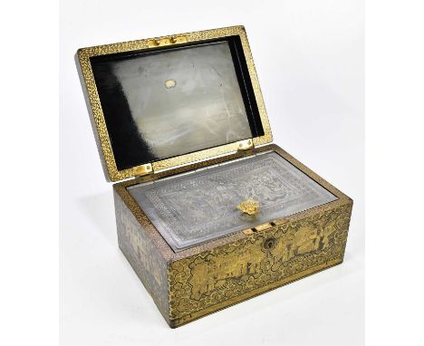 A mid-19th century Chinese lacquered rectangular tea caddy with figural engraved interior, metal lined hinged lid, width 28cm