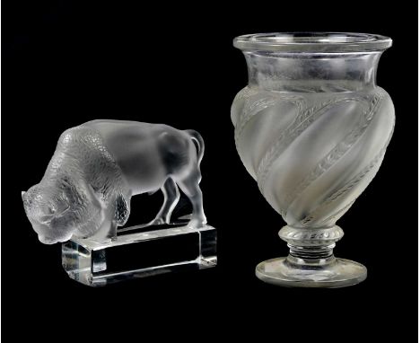 LALIQUE FRANCE; a pedestal frosted glass vase, 'Ermenonville', height 15cm, and a Lalique frosted glass model of a bull, leng