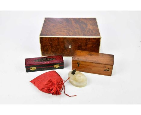 A rectangular humidor, a students' microscope (cased), an onyx pin dish surmounted with a bronze puppy, a cased chromonica, a