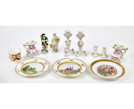 A small mixed lot of ceramics to include a pair of Sitzendorf Continental figures, a pair of Dresden candle holders, a Shelle