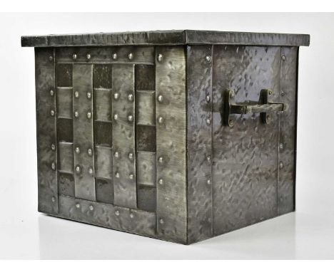 An Arts &amp; Crafts style silvered metal log bin height 32, width 38cm.Condition Report: Light scratches/scuffs minor dentin