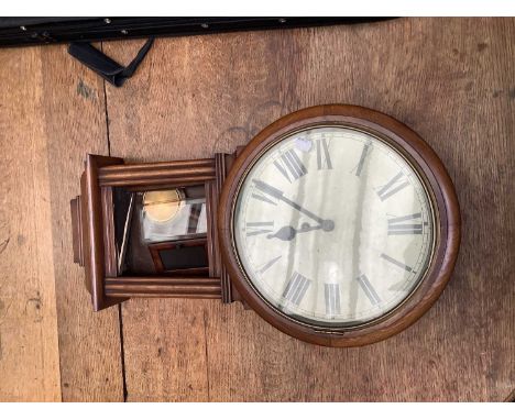 A Victorian drop dial oak cased school clock, with white enamel dial set with Roman numerals, 76cm.