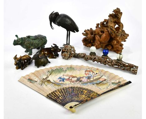 A Japanese bronze model of a crane, height 20cm, together with a collection of Oriental items to include a pair of hardstone 