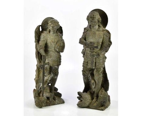 ATTRIBUTED TO ALFRED GEORGE STEVENS (1817-1875); two carved stone sculptures representing George and the Dragon, height 56cm,