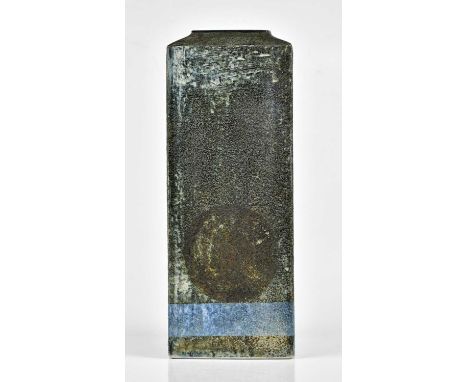 LINDA THOMAS FOR TROIKA POTTERY; a large column vase decorated to each of the four sides with circles and a blue band, signed