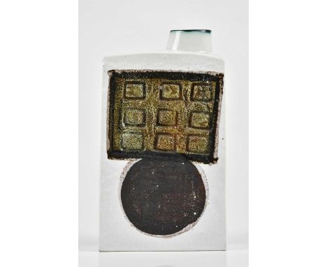 LESLIE ILLSLEY FOR TROIKA POTTERY; an early shouldered bottle vase with textured impressed motifs inside white glazed body, s