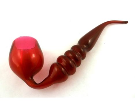 A VICTORIAN CRANBERRY GLASS NOVELTY PIPE, of blown form with large bowl and bobbin stem, 42cm long 