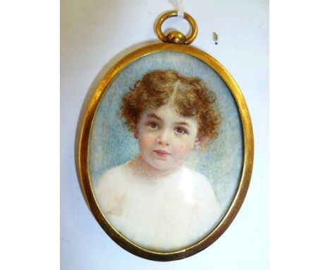 A PORTRAIT MINIATURE OF A CHILD, Watercolour on ivory panel, circa 1900, 5cm in oval brass frame with ring mount 