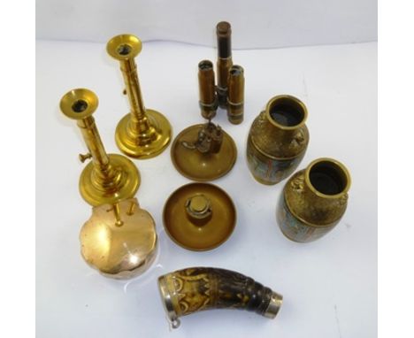 A SELECTION OF COLLECTABLE ITEMS comprising; a 19th century carved cow horn drinking cup with plated mounts 15cm, a pair of c