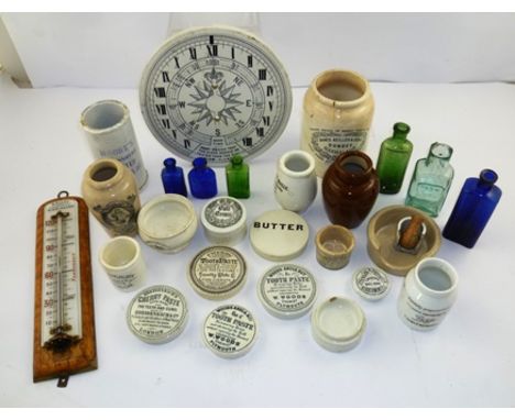 A QUANTITY OF 19TH CENTURY PRINTED POTTERY ITEMS including; a sundial panel 22cm diameter, various pot lids, cream pots etc.,