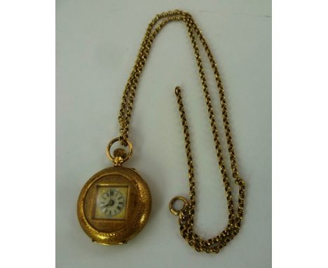 A LATE VICTORIAN LADY'S GOLD POCKET WATCH chased case with enamel decoration verso, square mounted dial with Roman numerals, 