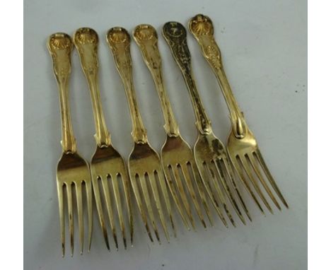 SARAH AND JOHN WILLIAM BLAKE FIVE GEORGE IV SILVER DESSERT FORKS, Kings pattern, crested, London 1823, together with a simila