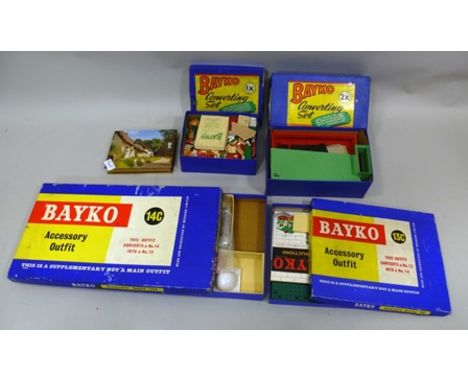 BAYKO OPEN AND USED SETS in original vendor's boxes including; accessory outfit 13c and 14c, converting sets 1X and 2X and lo