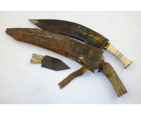 A BONE HANDLED KUKRI KNIFE in leather scabbard, overall 42cm ANOTHER with antler handle and TWO SMALL KNIVES, sharing one sca