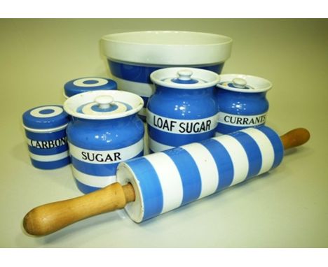 A COLLECTION OF T.G. GREEN CORNISH WARES includes rolling pin, large mixing bowl and storage containers, inscribed, Loaf Suga