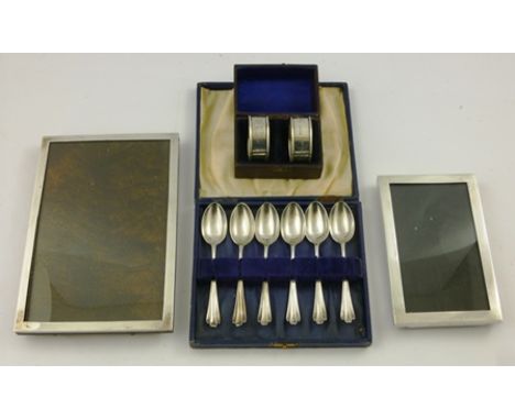 SAMPSON MORDAN TWO SILVER PHOTOGRAPH FRAMES, each of plain form, 18cm x 10cm and 12cm x 6cm, SIX COFFEE SPOONS by John Round 