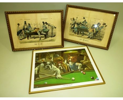 A PAIR OF SNOOKER HALL COLOUR PRINTS "Two to Go" and "Got 'em Both", published by Currier and Ives, New York, 30 x 42cm in gl