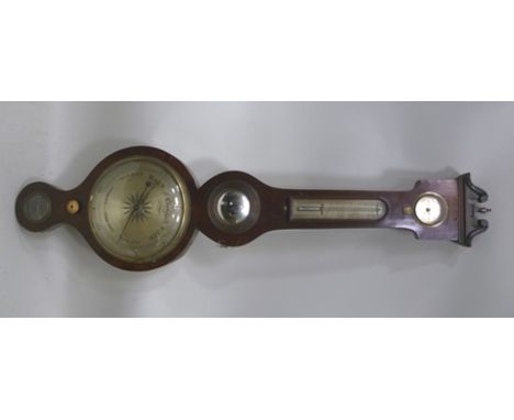 A 19TH CENTURY KALABERGO OF BANBURY MAHOGANY CASED WHEEL BAROMETER with hydrometer, thermometer and inset convex mirror, dial