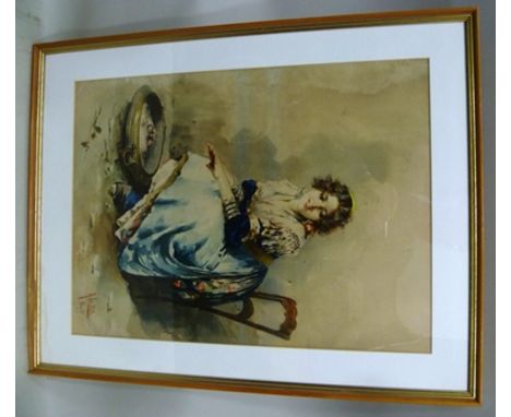 ARNALDO DE LISIO (1869-1949) Portrait of a Young Gypsy Woman beside a Charcoal Fire, Watercolour, signed and inscribed "Napol