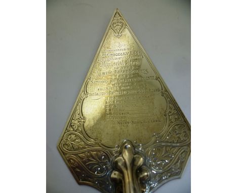 HILLIARD AND THOMASON A VICTORIAN SILVER BLADED PRESENTATION TROWEL commemorating the laying of a memorial stone "Newton Boar