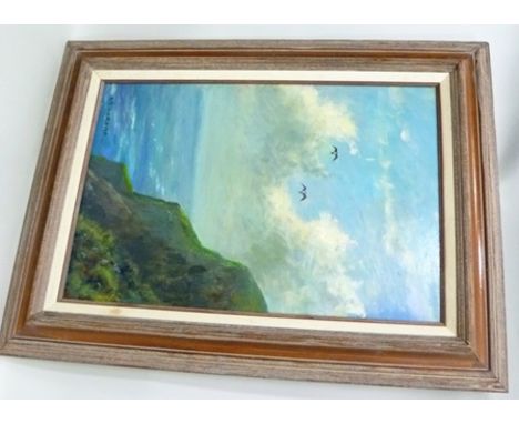 DICK TRELEAVEN "Hunting Peregrines" hovering over cliff face and seas below, Oil on board, signed, 60 x 39cm in moulded stain
