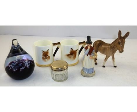 A COLLECTION OF COLLECTABLE CERAMICS AND GLASSWARE comprising; a Beswick donkey foal no.2110 with original box, a Royal Doult