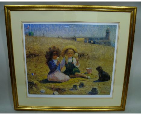 A LIMITED EDITION COLOUR PRINT no.118/1000 depicting Two young girls sat on a French beach eating ice creams with their dog, 