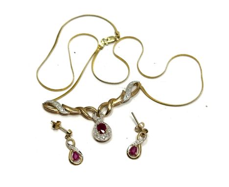 9ct gold ruby &amp; diamond static pendant &amp; drop earrings set (6.3g) 