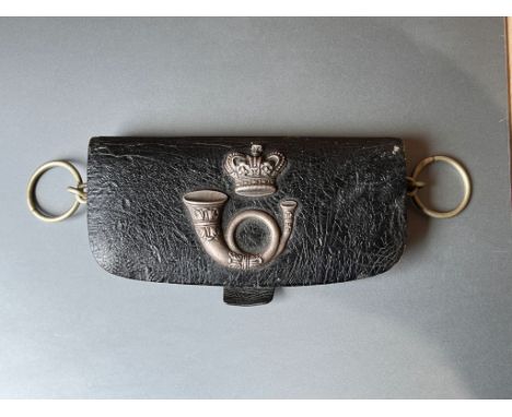Victorian Officers military belt pouch light infantry.  Black leather with white metal fittings 