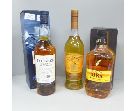 Three bottles of single malt Scotch Whisky, Jura 10 years, Talister 10 years and Glenmorangie 10 years **PLEASE NOTE THIS LOT