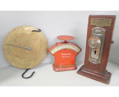 A Russell &amp; Erwin MF'G Co door knob display together with a set of Autoway red postal scales and large Salter trade sprin