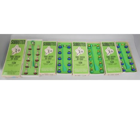 Four vintage circa 1970s boxed Subbuteo teams including England, Brazil, Aston Villa, Argentina.