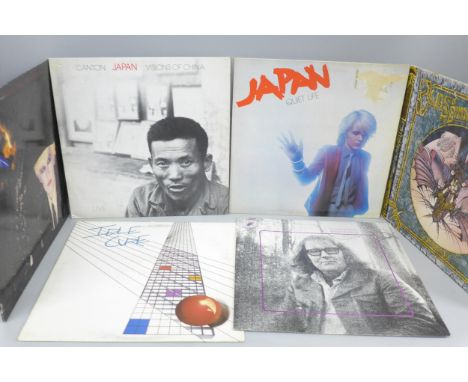 Sixteen LP records and 12" singles, including Japan, Idle Cure, Jon Anderson, Graham Parker, Gary Numan, etc., (16 in total)